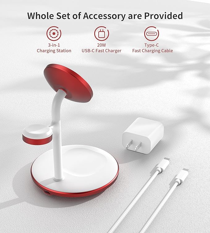 XooFly 3 in 1 Wireless Charging Station for Apple Devices, Fast Wireless Mag-Safe Charger Stand with 20W Adapter for iPhone 17/16 15 14 13 12 Pro Max/Pro/Plus/Air/Mini, iWatch, AirPods (Red)