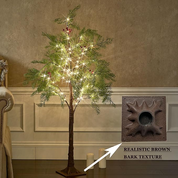 Hairui Lighted Christmas Pine Tree 90 LED Fairy Lights 4FT Plug in, Faux Cypress Tree Lights with Red Berry for Indoor Outdoor Home Holiday Decoration