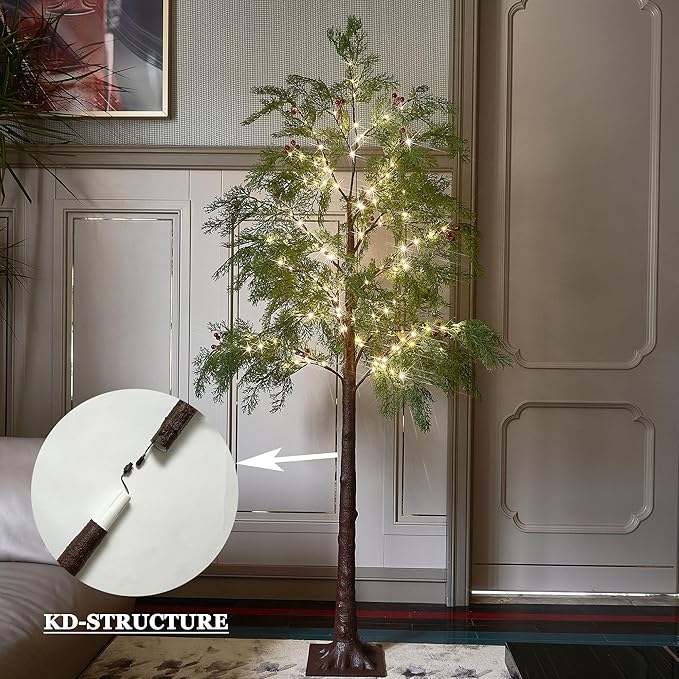 Hairui Pre Lit Christmas Pine Tree 195 Fairy Lights 6FT Plug in, Lighted Faux Cypress Tree with Red Berry for Indoor Outdoor Home and Holiday Decoration