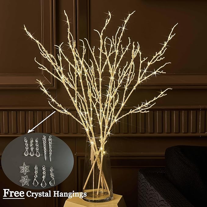 LITBLOOM Lighted White Twig Branches 32IN 200 LED Fairy Lights Plug in with Timer and Dimmer, Artificial Tree Branch with Lights for Holiday Xmas Home Decoration Indoor Outdoor Decor