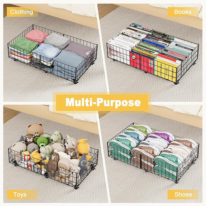 Mr IRONSTONE Under Bed Storage Containers with 6 Wheels | Upgraded Heavy-Duty Metal Frame Holds Up to 80LBS | Space-Saving Rolling Underbed Storage Organizer for Shoes, Clothes & Seasonal Items