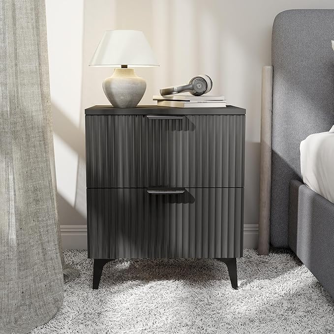 Wood Night Stand Set 2 Fluted Dresser for Bedroom 2 Drawers End Tables Nightstands Set of 2, Storage Modern Bedside Table Set of 2, Black Nightstand