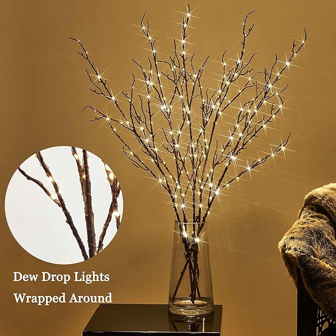 Hairui Lighted Brown Twig Branches Plug in with Dimmer and Timer 32IN 200 LED Fairy Lights, Lighted Willow Branches for Indoor Outdoor Home Room Christmas Decoration (Vase Excluded)