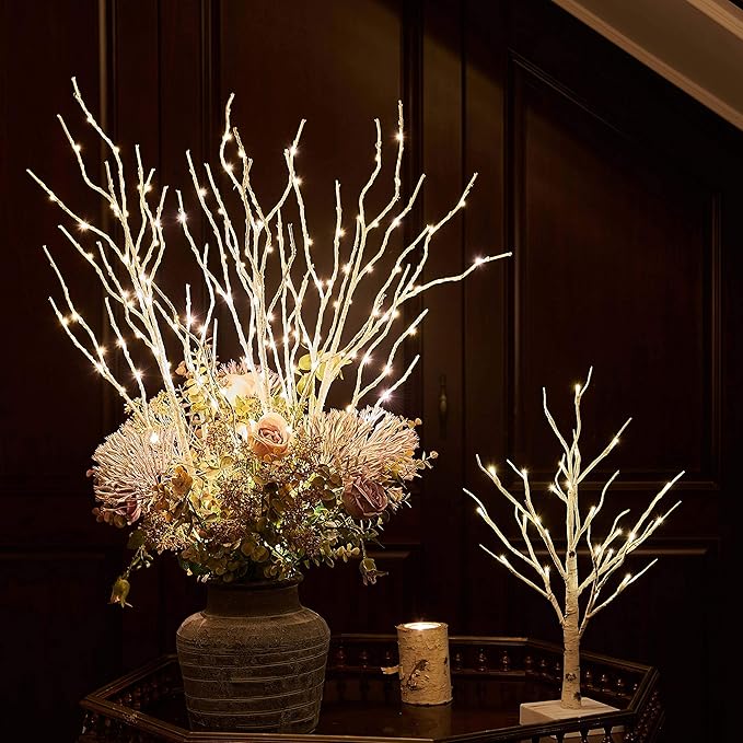 Hairui Lighted Birch Branches Plug in with Timer 30IN 150 LED Fairy Lights, White Willow Branch Lights for Christmas Fireplace Room Vase Decoration Indoor Outdoor Use (Vase Excluded)