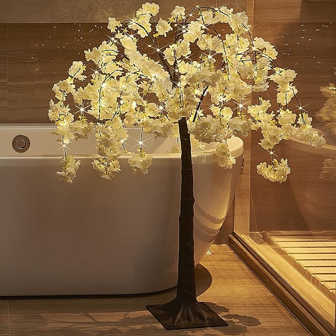 Hairui Cherry Blossom Tree with Lights 4FT 180 Fairy Lights, Artificial Lighted Tree for Spring Wedding Birthday Party Decoration Inside Outdoor