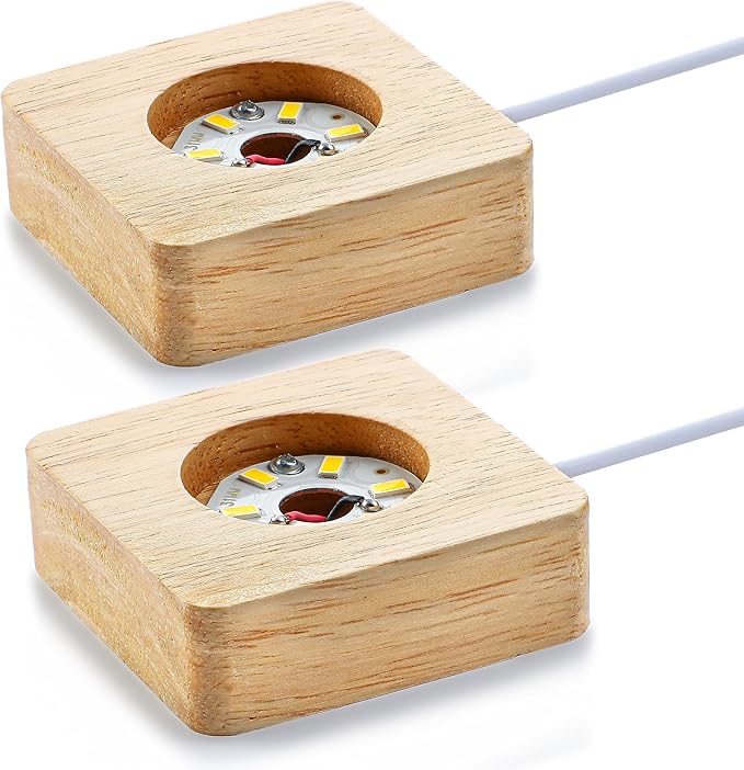 ZEERSHEE Pack 2 Wooden LED Light Display Base 2.3in Crystal Glass Light Base Stand Wood LED Display Stand for 3D Crystal Laser Glass Resin Art Warm Light Square USB Only