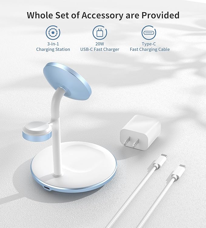 XooFly 3 in 1 Wireless Charging Station for Apple Devices, Fast Wireless Mag-Safe Charger Stand with 20W Adapter for iPhone 17/16 15 14 13 12 Pro Max/Pro/Plus/Air/Mini, iWatch, AirPods (Light Blue)