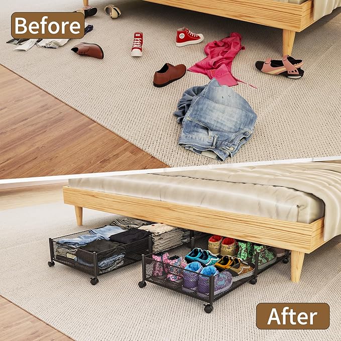47.2'' Long Under Bed Storage on Wheels, 57.6L Large Capacity Rolling Under the Bed Storage Containers, Tool-Free Assembly Foldable Underbed Shoes Clothes Toy Drawers