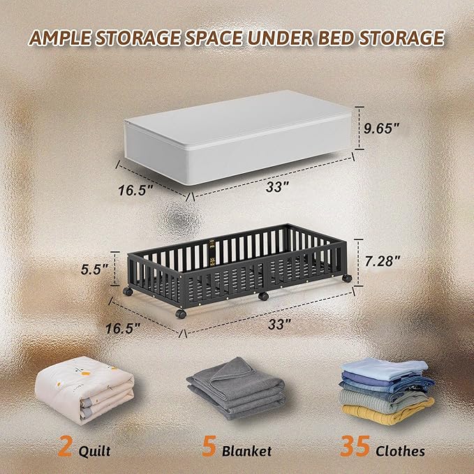 Bamboo Under Bed Storage Containers with Wheels, 2 Pack Large Under the Bed Shoe Storage Bins, Wood Rolling Underbed Drawers Organizer for Bedroom Closet Clothes Blanket Under Crib Toy Black