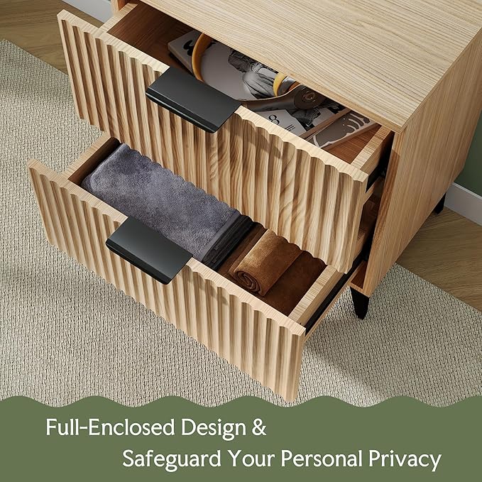 Wood Night Stand Set 2 Fluted Dresser for Bedroom 2 Drawers End Tables Nightstands Set of 2, Storage Modern Bedside Table Set of 2, Oak Nightstand