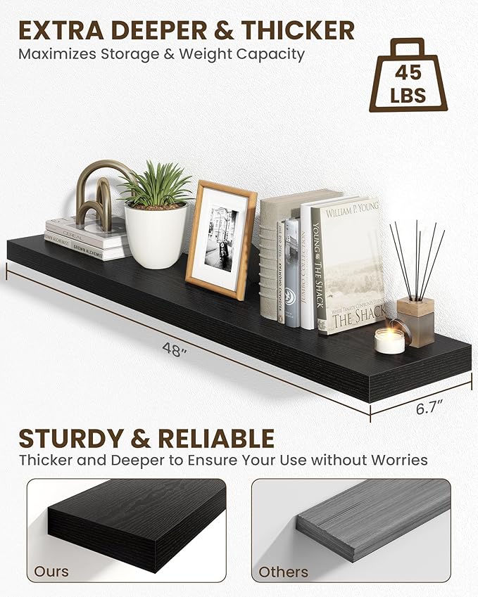 Marsmiles 48" Floating Shelves for Wall, Wooden Shelves with Invisible Brackets Set of 2, Rustic Farmhouse Wall Mounted Shelf for Kitchen Bathroom Living Room Study, Black