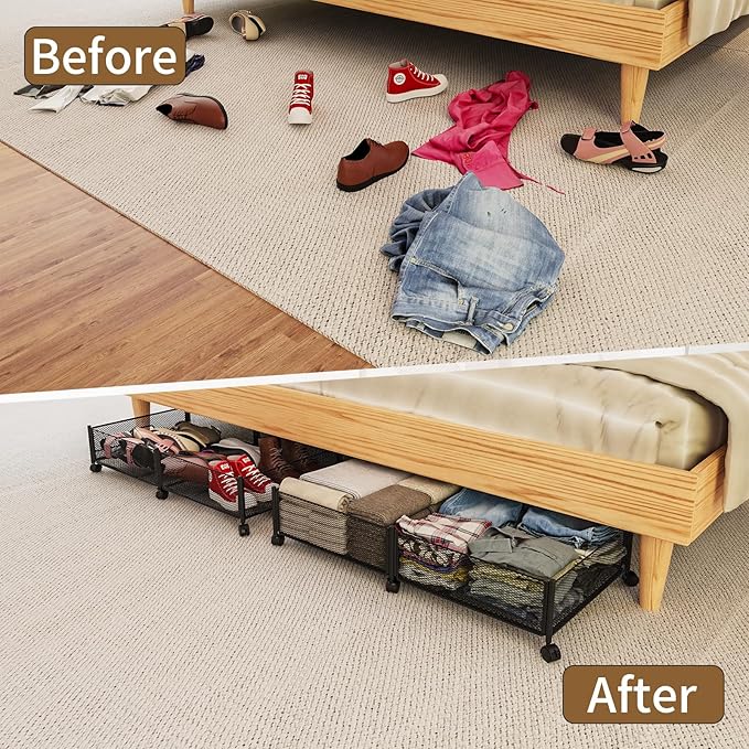 Under Bed Storage with Wheels, 31.5in / 35L Large Rolling Underbed Storage, Underbed Drawer on Wheels, Tool-free Assembly Metal Under Bed Drawers Organizer Container for Bedroom Shoes Clothes Toys