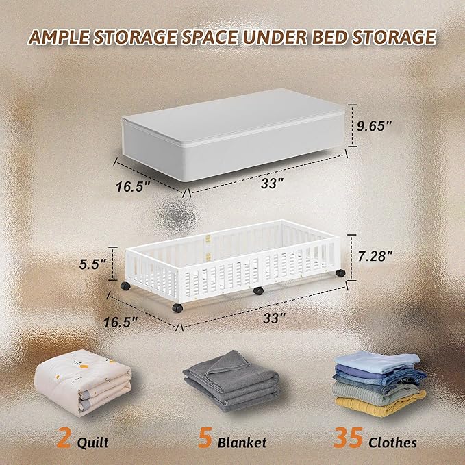 Bamboo Under Bed Storage Containers with Wheels, 2 Pack Large Under the Bed Shoe Storage Bins, Wood Rolling Underbed Drawers Organizer for Bedroom Closet Clothes Blanket Under Crib Toy White