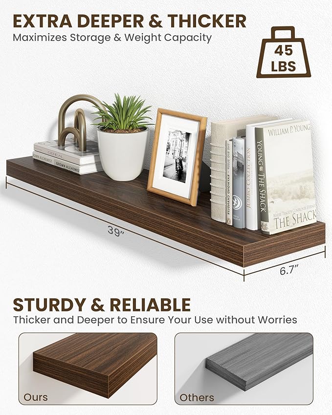 Marsmiles 40" Floating Shelves for Wall, Wooden Shelves with Invisible Brackets Set of 2, Rustic Farmhouse Wall Mounted Shelf for Kitchen Bathroom Living Room Study, Walnut