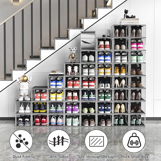 10 Pack Hard Sturdy Thickened Rigid XX Large Shoe Storage Organizer for Closet, Clear Stackable Sneaker Shoe Boxes Rack Containers Display Case Bins with Lids, Black Clear02