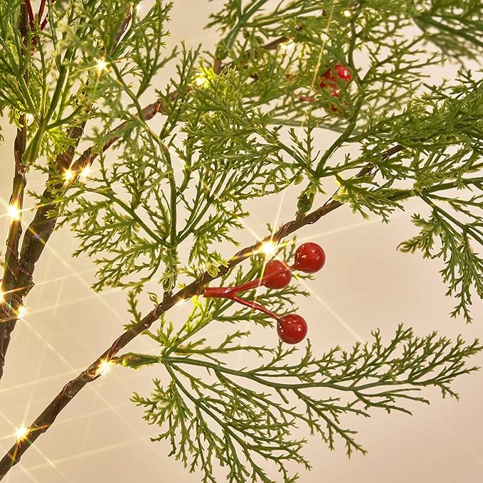 Hairui Pre Lit Christmas Pine Tree 195 Fairy Lights 6FT Plug in, Lighted Faux Cypress Tree with Red Berry for Indoor Outdoor Home and Holiday Decoration