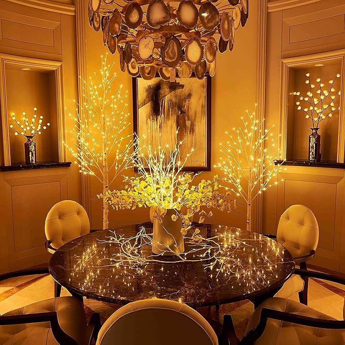 Hairui Lighted Artificial Twig Birch Tree Branch with Fairy Lights 32in 150 LED Plug in Lighted Willow Branch for Christmas Wedding Party Decoration 2 Sets (Vase Excluded)