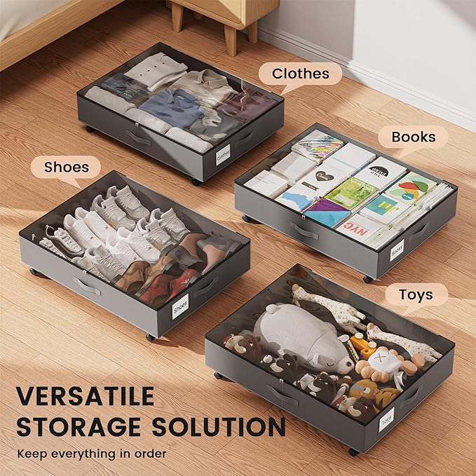 XXXL 78L Under Bed Storage with Wheels, Rolling Storage Containers with Support & Clear Lid, Heavy-Duty Metal Frame, Easy Pull-out, Underbed Storage Bins for Clothes, Shoes, Blankets, and Toys 2 pack