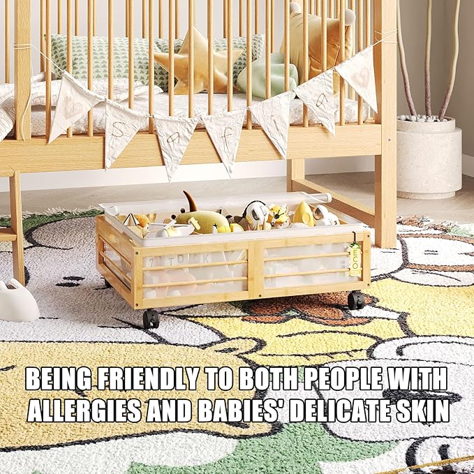 Under Bed Storage Containers with Wheels, Larger Bamboo Wood Under Furniture Storage Containers with Dust Bags，Rolling for Shoes Clothes