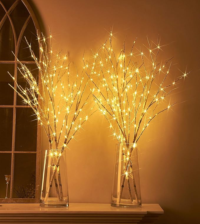 Hairui Lighted Artificial Twig Birch Tree Branch with Fairy Lights 32in 150 LED Plug in Lighted Willow Branch for Christmas Wedding Party Decoration 2 Sets (Vase Excluded)
