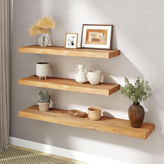 RICHFOCUS Elm Floating Shelves for Wall - 48" W x 9.3" D Rustic Solid Wood Shelves with Invisible Bracket, Wall-Mounted for Living Room, Bedroom, Kitchen Storage & Display, Set of 1, Natural