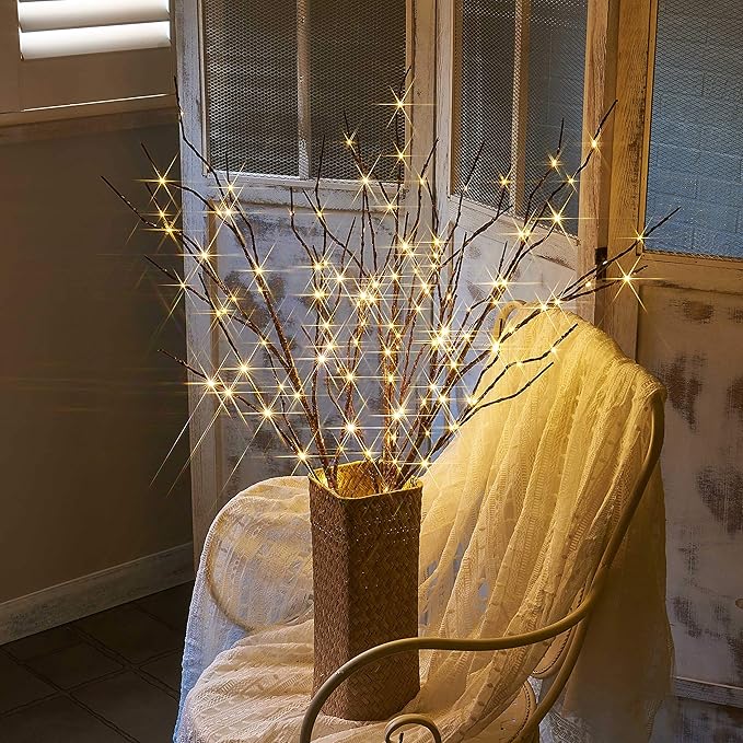 Hairui Lighted Twig Brown Branch with Fairy Lights 32in 150 LED Plug in Lighted Willow Branch for Christmas Wedding Party Decoration 2 Sets (Vase Excluded)