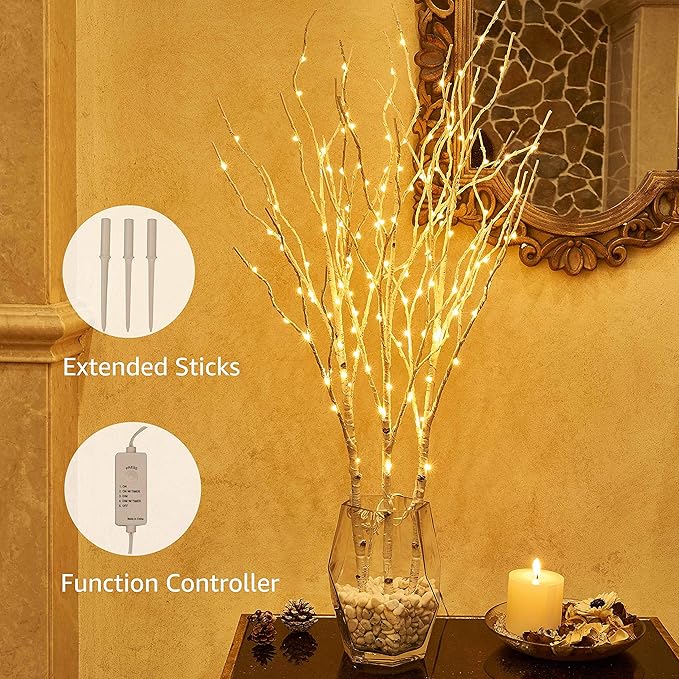 Hairui Lighted Artificial Twig Birch Tree Branch with Fairy Lights 32in 150 LED Plug in Lighted Willow Branch for Christmas Wedding Party Decoration 2 Sets (Vase Excluded)