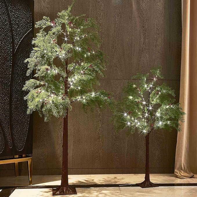 Hairui Pre Lit Christmas Pine Tree 195 Fairy Lights 6FT Plug in, Lighted Faux Cypress Tree with Red Berry for Indoor Outdoor Home and Holiday Decoration