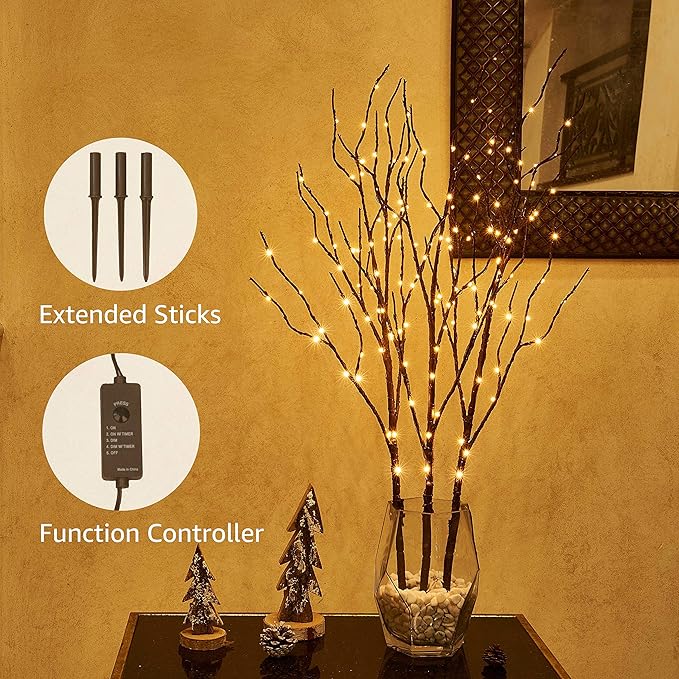 Hairui Lighted Twig Brown Branch with Fairy Lights 32in 150 LED Plug in Lighted Willow Branch for Christmas Wedding Party Decoration 2 Sets (Vase Excluded)